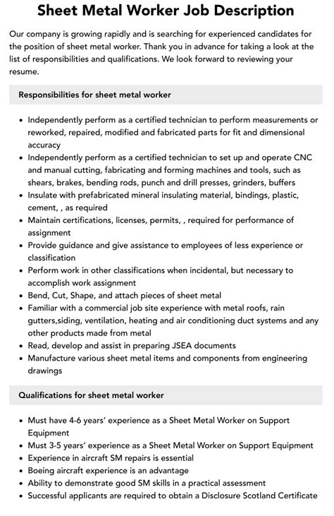 precision sheet metal job description|sheet metal contractor job description.